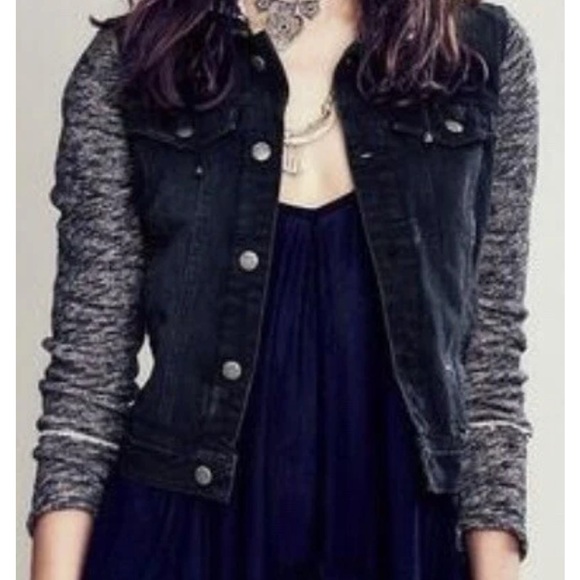 Free People Denim Jacket with Black and Gray Accents & Removable Hood.  L - Picture 16 of 16